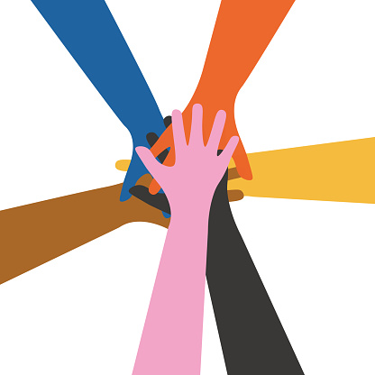 Different colors of hands shaking hands. Vector background illustration of united multi ethnic hands, racial equality of different cultures, peoples, coexistence harmony, community, friendship, peace. Design element