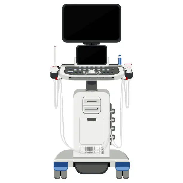 Vector illustration of Medical equipment, scanning system ultrasonic general-purpose portable ultrasound system are used for general radiology purposes, including abdominal obstetric/gynecologic examinations. Flat design