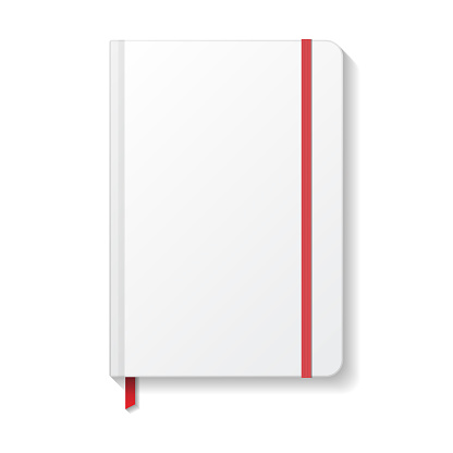 Blank white notebook with red elastic and ribbon bookmark mockup template. Isolated on white background with shadow. Ready to use for your design or business. Vector illustration.