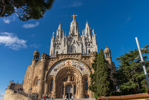 Front view of the Sagrat Cor church at Tibidabo hill, Barcelona, Spain.