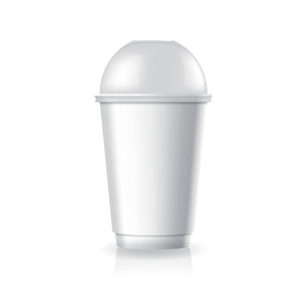 Blank white paper-plastic coffee-tea cup with clear dome lid in medium size mockup template. Blank white paper-plastic coffee-tea cup with clear dome lid in medium size mockup template. Isolated on white background with reflection shadow. Ready to use for brand design. Vector illustration. corporate identity packages stock illustrations