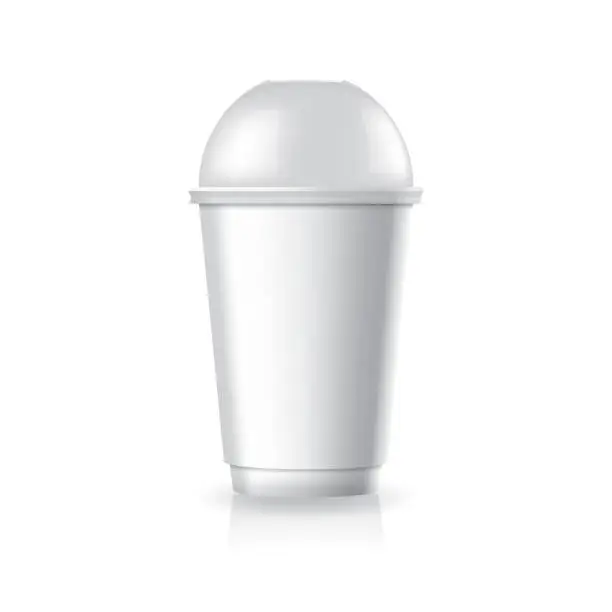Vector illustration of Blank white paper-plastic coffee-tea cup with clear dome lid in medium size mockup template.
