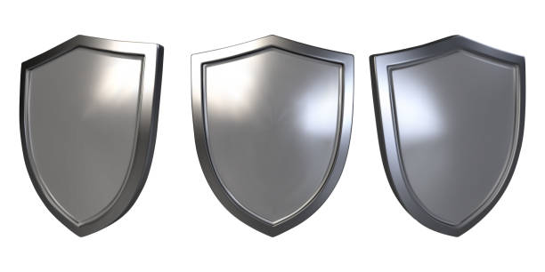 istock Set of metal shield realistic vector illustration. Blank silver steel metallic panel with reflection glow, award trophy or certificate template 1555662665