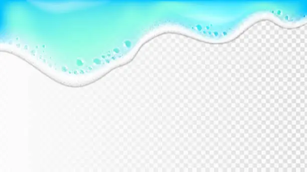 Vector illustration of Realistic Sea wave on shore. 3d Azure blue ocean water with foam, bubbles backdrop on transparent background . Or dripping detergent foam with water