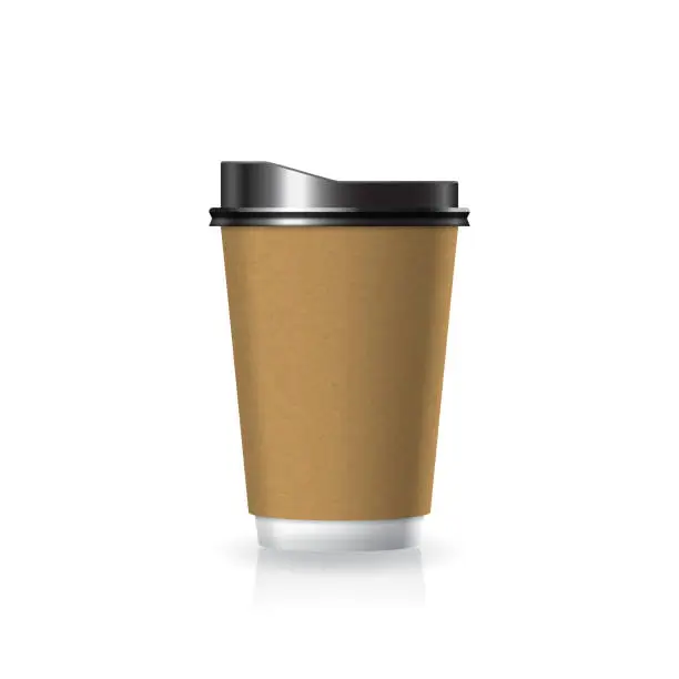 Vector illustration of Brown kraft paper-plastic coffee-tea cup white bottom with black lid in medium size mockup template.