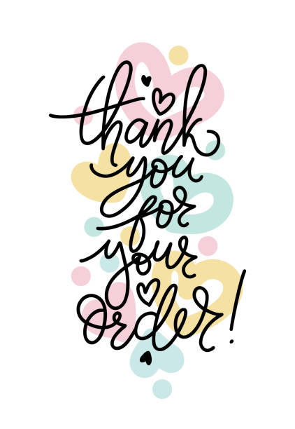 istock Colourful thank you for your order card. Modern vector lettering phrase for web, cards, prints, banners. Common words script hand writting on heart shapes background. 1555667547