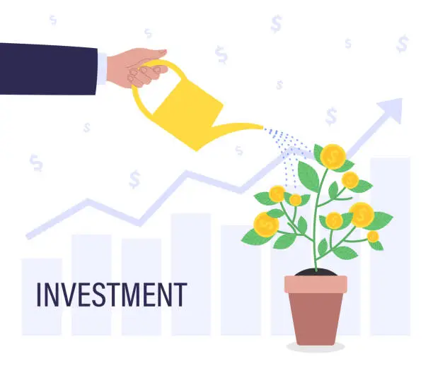 Vector illustration of Man watering money plant as investment concept
