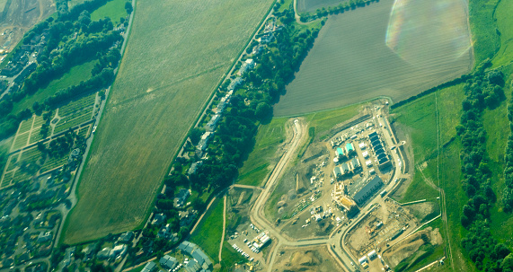 A new housing development, in the United Kingdom, seen from an aerial view.