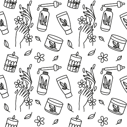 Hand care, natural oils and serums for skin care. Spa salon, relaxing. Seamless pattern with line design. Vector.