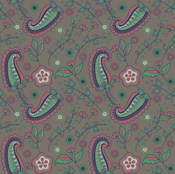 Vector illustration of Paisley floral pattern in gray, pink and green color. Ornate damask fabric swatch.