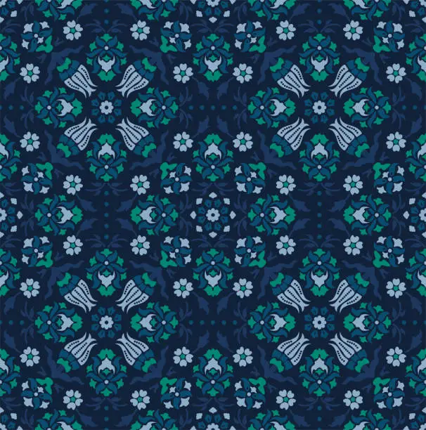 Vector illustration of Ethnic floral pattern in blue and green color. Ornate damask fabric swatch.