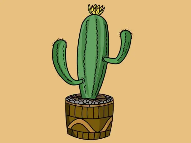 Vector illustration of illustration of a green cactus plant in a brown pot