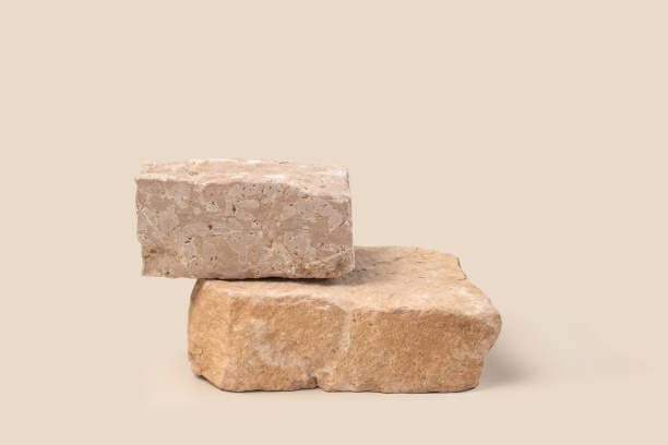 istock Stone podium for show cosmetics product presentation. Abstract minimal backdrop. Two rock form. Beige Nude Studio Background. Scene. Showcase display case. 3D Front View. Trendy neutral color. Space 1555722058