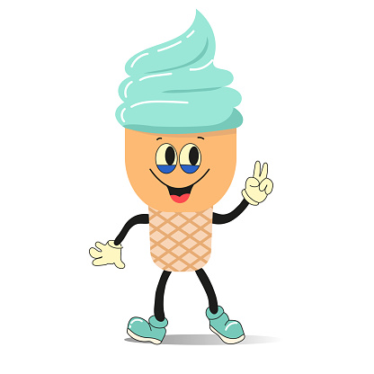 Kawaii illustration of ice cream cone. Ice cream cone character with eyes and legs.Character cute smiley comic. Flat design. Vector illustration isolated on white background.