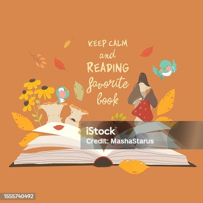 istock Cartoon Open Book with Autumn Leaves and Mushrooms 1555740492