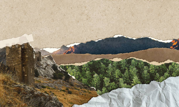 illustrazioni stock, clip art, cartoni animati e icone di tendenza di paesaggio montano con antica fortezza, arte scrapbooking. - immagine composita