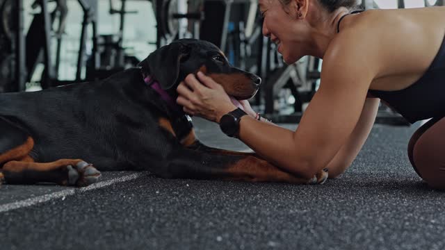 Athlete woman exercise together with dog at the gym.  Workout and indoor sport.