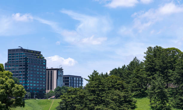 istock Beautiful blue sky and city buildings 1555759688