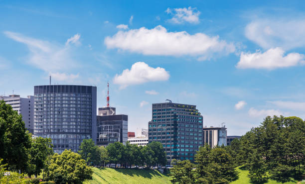 istock Beautiful blue sky and city buildings 1555760241