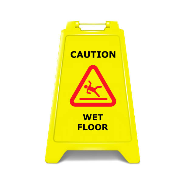 ilustrações de stock, clip art, desenhos animados e ícones de wet floor standing caution sign board realistic vector illustration. double-sided folding yellow display stand with editable design - slippery floor wet sign