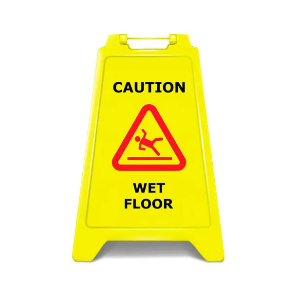 Vector illustration of Wet floor standing caution sign board realistic vector illustration. Double-sided folding yellow display stand with editable design