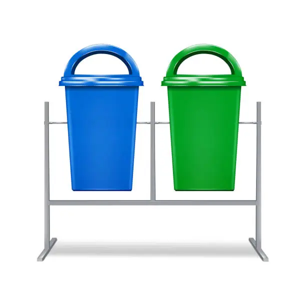 Vector illustration of Dual green and blue industrial dustbin stand vector mockup. Color recycle outdoor dust bin set realistic mock-up. Hanging garbage waste recycling containers, trash cans