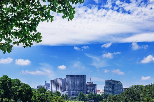 istock Beautiful blue sky and city buildings 1555767759