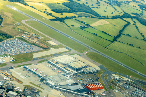 An aerial view of Doncaster Sheffield Airport as it sits closed, in South Yorkshire, UK.