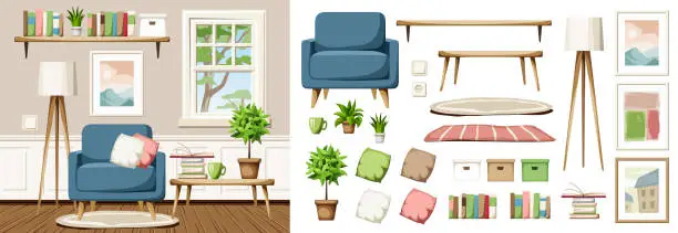 Vector illustration of Cozy room interior with and armchair and a bookshelf. Furniture set. Interior constructor. Cartoon vector illustration