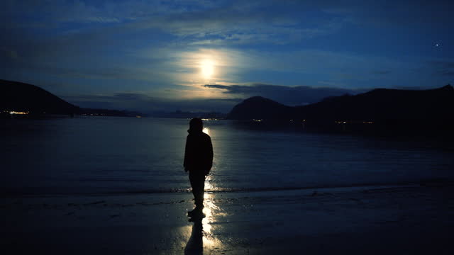 Man Admiring Idyllic Night at the Beach With Full Moon in Norway