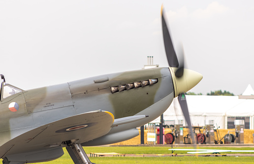 The beautiful and very powerful British Spitfire aircraft, located at Sywell Airfield, England, UK.