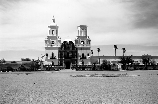 Film Image of Spanish mission San Xavier del Bac started in 1692 by Spanish missionaries in the Americas
