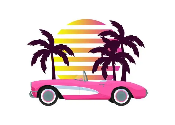 Vector illustration of Pink classic corvette car on palm trees, sunset background in retro vintage style.
