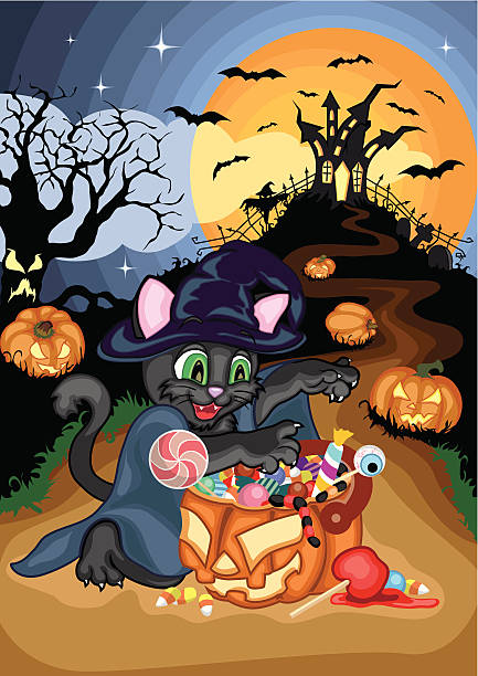 Halloween kitten A black kitten trick-or-treating in a witch's costume. No gradients, gradient mashes or blending modes used. rail fence stock illustrations