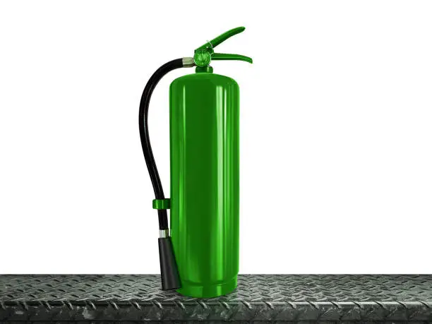 Photo of Fire extinguisher green cylinder on white background steel