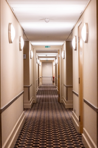 Hotel or office building empty corridor with grey doors and wooden and marble floor. 3d illustration