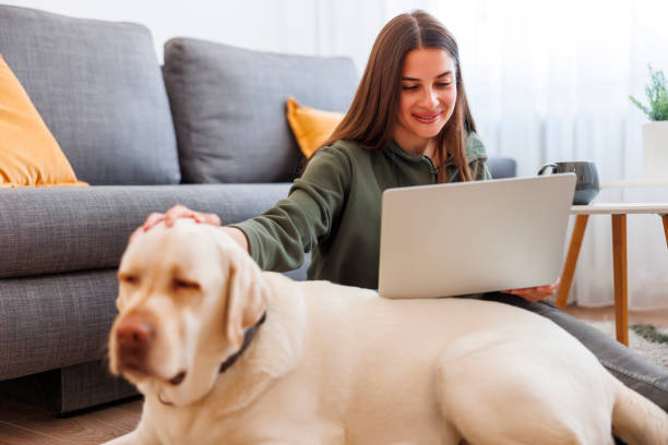 istock Woman cuddling her dog while working remotely from home 1555816390