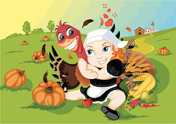 추수감사절 친근하다 - thanksgiving pilgrim turkey little girls stock illustrations