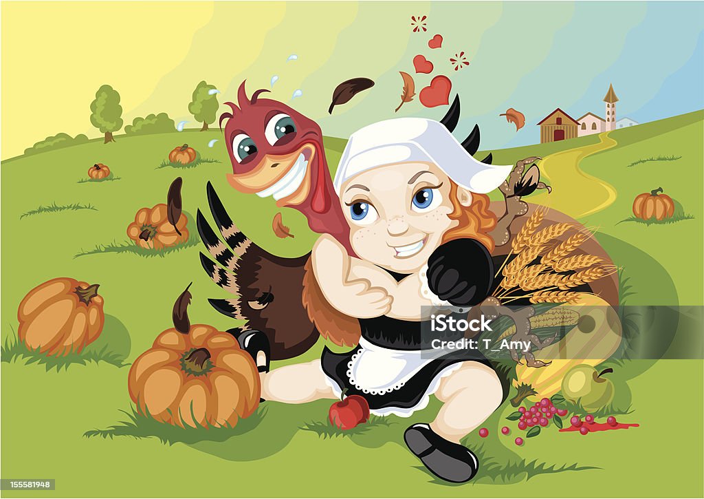 Thanksgiving friendly A young pilgrim girl hugging a trustless turkey, giving the friendly sense of Thanksgiving. No gradients, gradient mashes or blending modes used. Animal stock vector