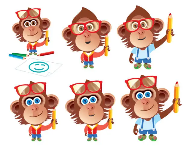 Vector illustration of Cute monkey with coloring pencil in hand