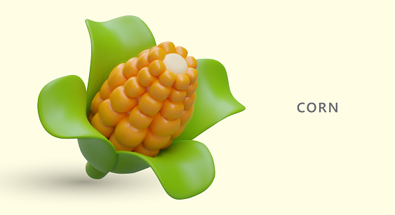 3D corn cob with green leaves. Vegetarian natural product. Ripe maize. Yellow young sweet corn. Poster in cartoon style. Vector template with place for text