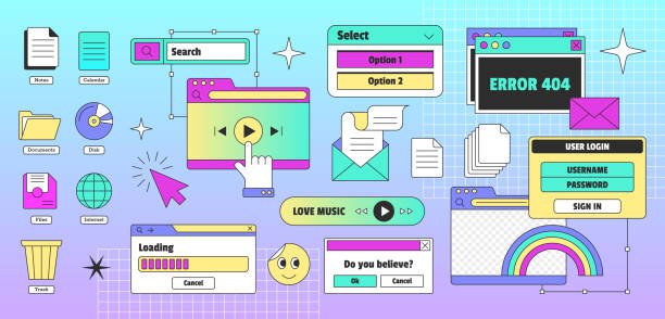 Vaporwave retro pc desktop with user interface elements in y2k style Vaporwave pc desktop with user interface elements in trendy y2k retro style. Icons set of computer windows, dialog box. 90s old browser with tabs, message boxes, loading bar, button and symbols. windows folder icon stock illustrations