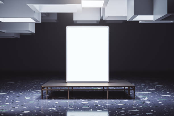 istock Modern grunge interior with empty white mock up tablet on pedestal pedestal. 3D Rendering. 1555844527