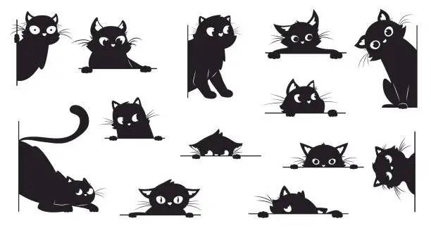 Vector illustration of Black cat looking. Peeking cats silhouettes with big eyes. Playful muzzle, creative kitty peeping from corner. Spy pets snugly vector elements