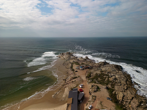 Aerial view of Punta del Diablo on the coast of Uruguay