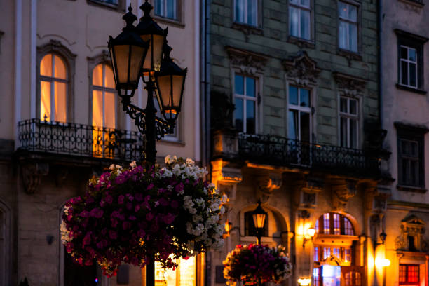 Closeup of lantern on Market square in Lviv, Ukraine at night