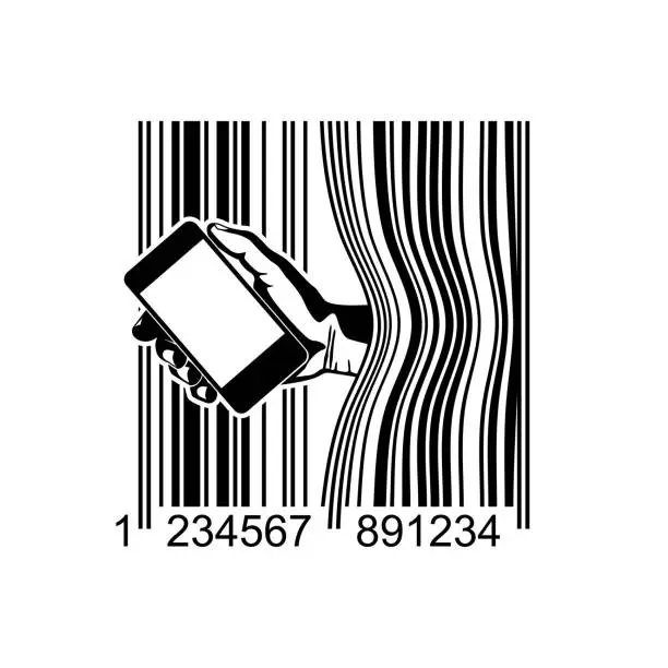 Vector illustration of Human Hand With Portable Authentication Emerging from Barcode