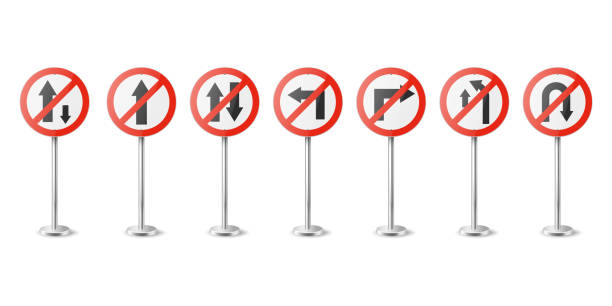 istock Vector Red and White Round Prohibition Traffic Sign with Arrow Icon Set Isolated. One Way, No Straight Ahead, Vehicles, Turn, Overtaking, U-Turn Traffic Road Plate, Sign Design Templates 1555863786