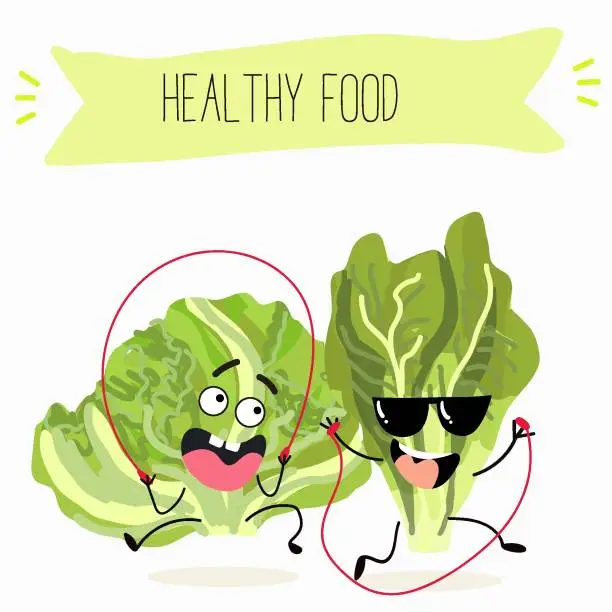 Vector illustration of Illustration with funny cartoon characters romano, lettuce,iceberg, salad, vegetable. Funny and healthy food. Vitamins, cute face food, ingredients, vegetarian, vector cartoon.