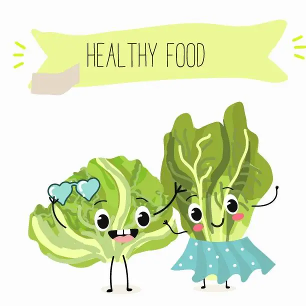 Vector illustration of Illustration with funny cartoon characters romano, lettuce,iceberg, salad, vegetable. Funny and healthy food. Vitamins, cute face food, ingredients, vegetarian, vector cartoon.